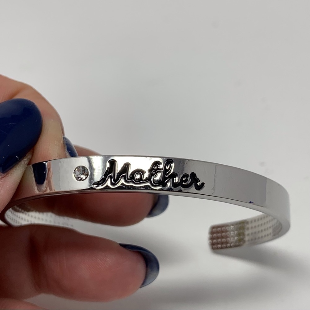 Mother Silver Toned with Rhinestone Sparkle Classic Cuff Bracelet
